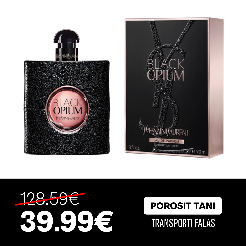 Yves Saint Laurent Black Opium Eau de Parfum bottle and packaging box shown on a white background, with a black promotional banner below displaying the price 39.99€ and Turkish text. Main image
